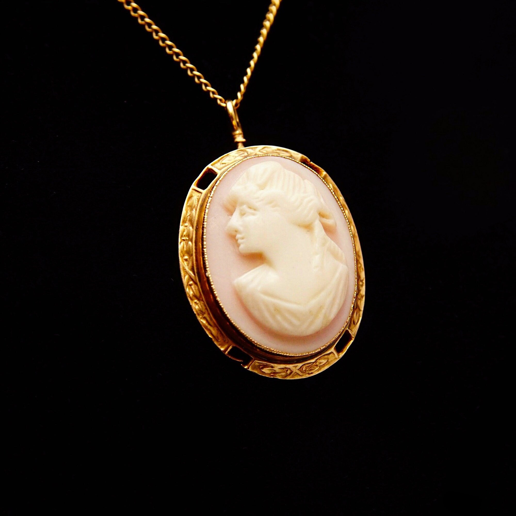 Antique 14K Pink Cameo Pendant Necklace, Yellow Gold Bezel Pendant, Classic Relief Shell Carving, 1mm Chain, 16" L