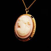 Antique 14K Pink Cameo Pendant Necklace, Yellow Gold Bezel Pendant, Classic Relief Shell Carving, 1mm Chain, 16" L