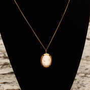 Antique 14K Pink Cameo Pendant Necklace, Yellow Gold Bezel Pendant, Classic Relief Shell Carving, 1mm Chain, 16" L