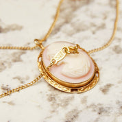 Antique 14K Pink Cameo Pendant Necklace, Yellow Gold Bezel Pendant, Classic Relief Shell Carving, 1mm Chain, 16" L