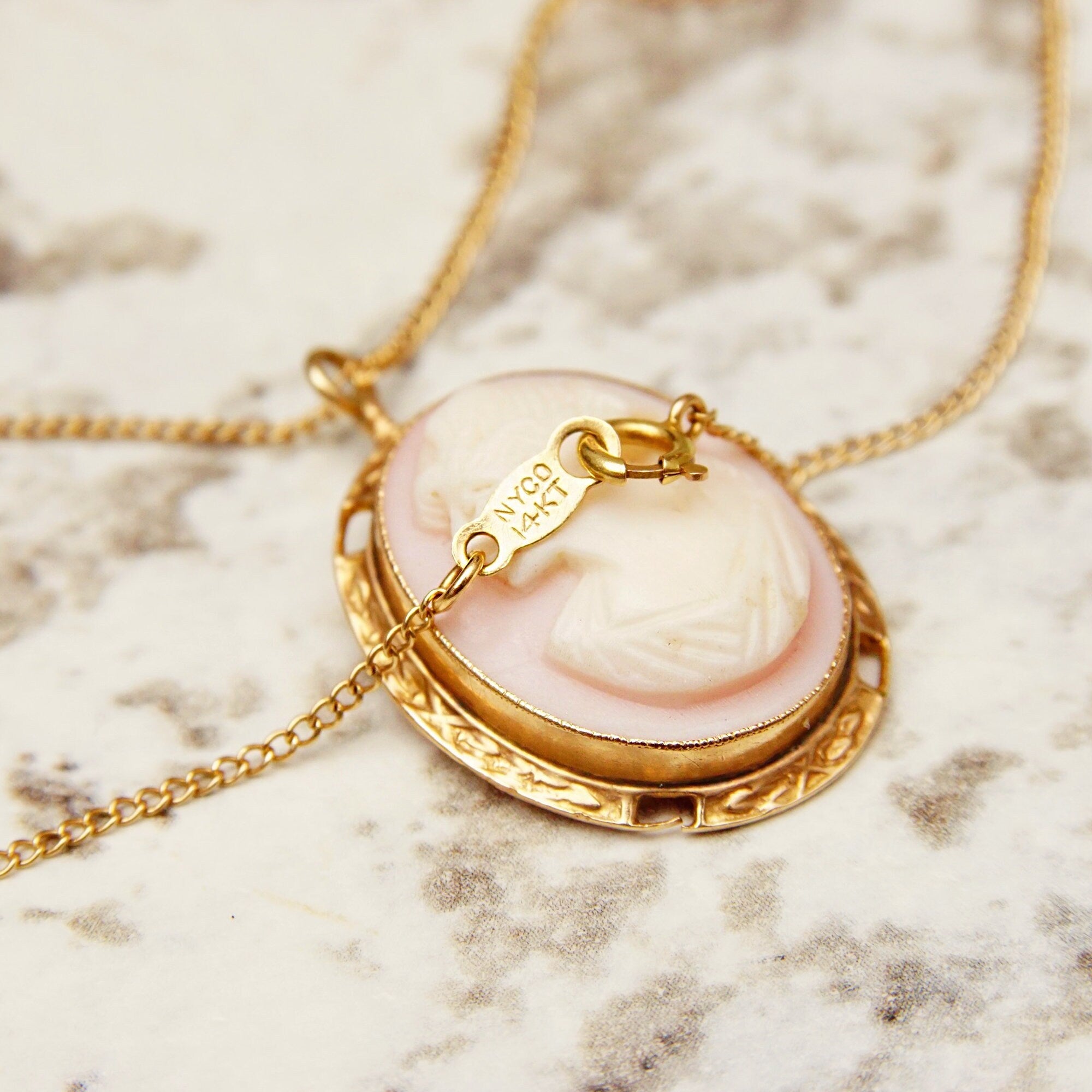 Antique 14K Pink Cameo Pendant Necklace, Yellow Gold Bezel Pendant, Classic Relief Shell Carving, 1mm Chain, 16" L