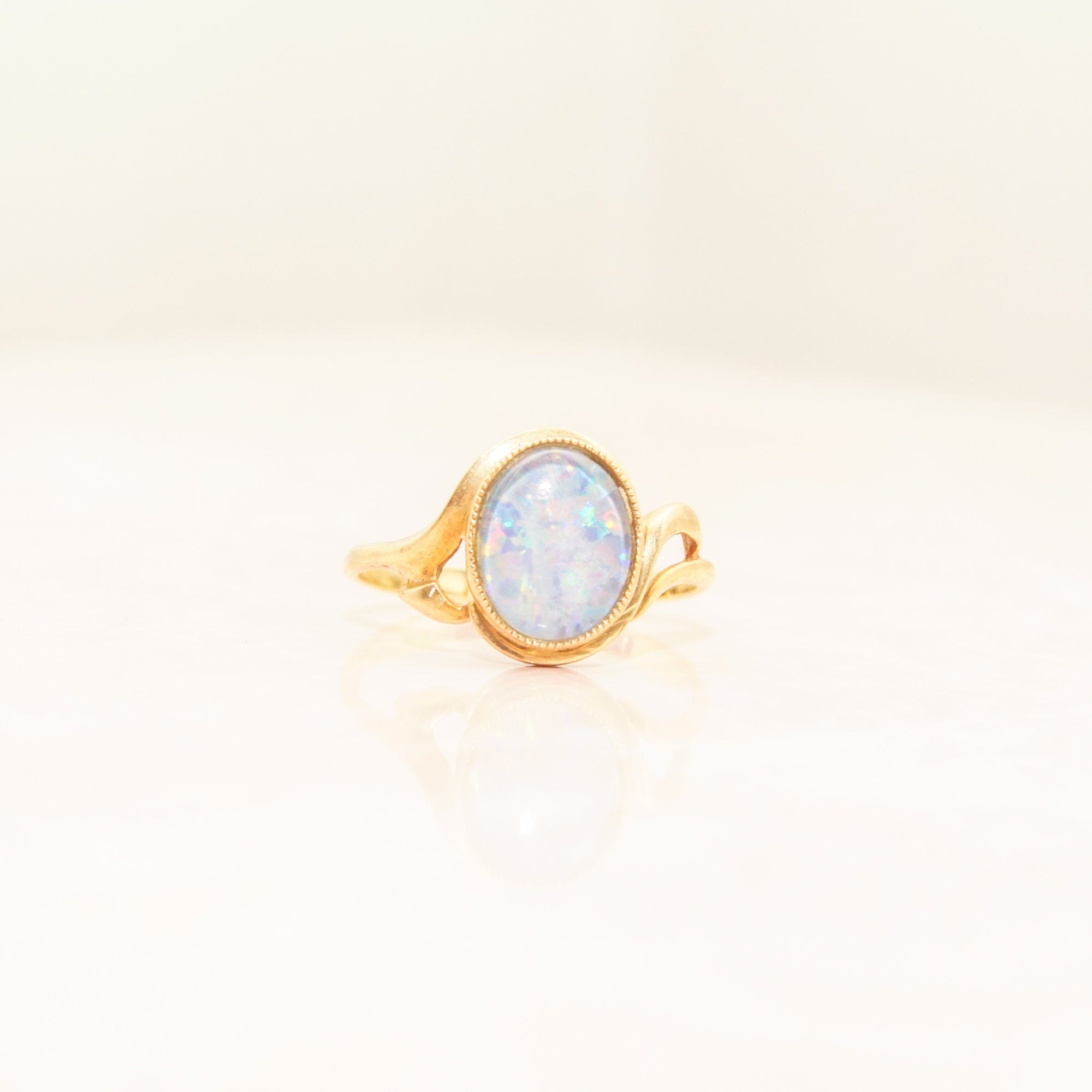 10K Opal Triplet Cocktail Ring In Yellow Gold, Estate Jewelry, October Birthstone, Size 8 1/4 US
