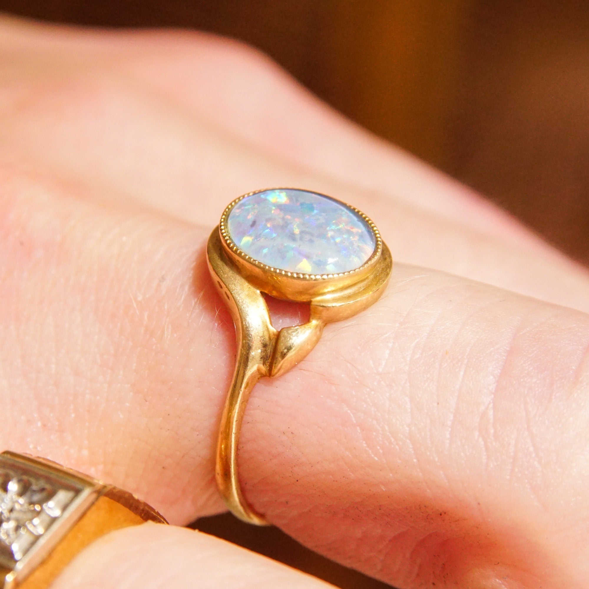 10K Opal Triplet Cocktail Ring In Yellow Gold, Estate Jewelry, October Birthstone, Size 8 1/4 US