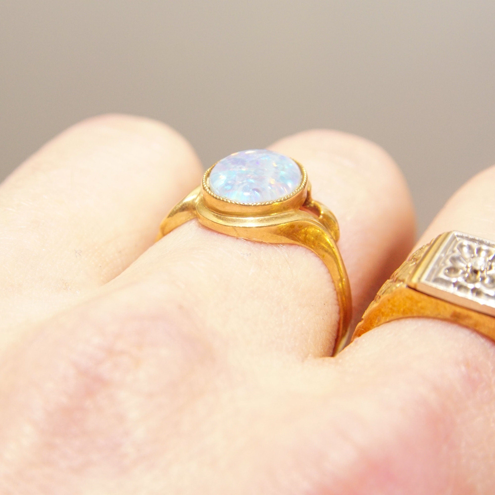 10K Opal Triplet Cocktail Ring In Yellow Gold, Estate Jewelry, October Birthstone, Size 8 1/4 US