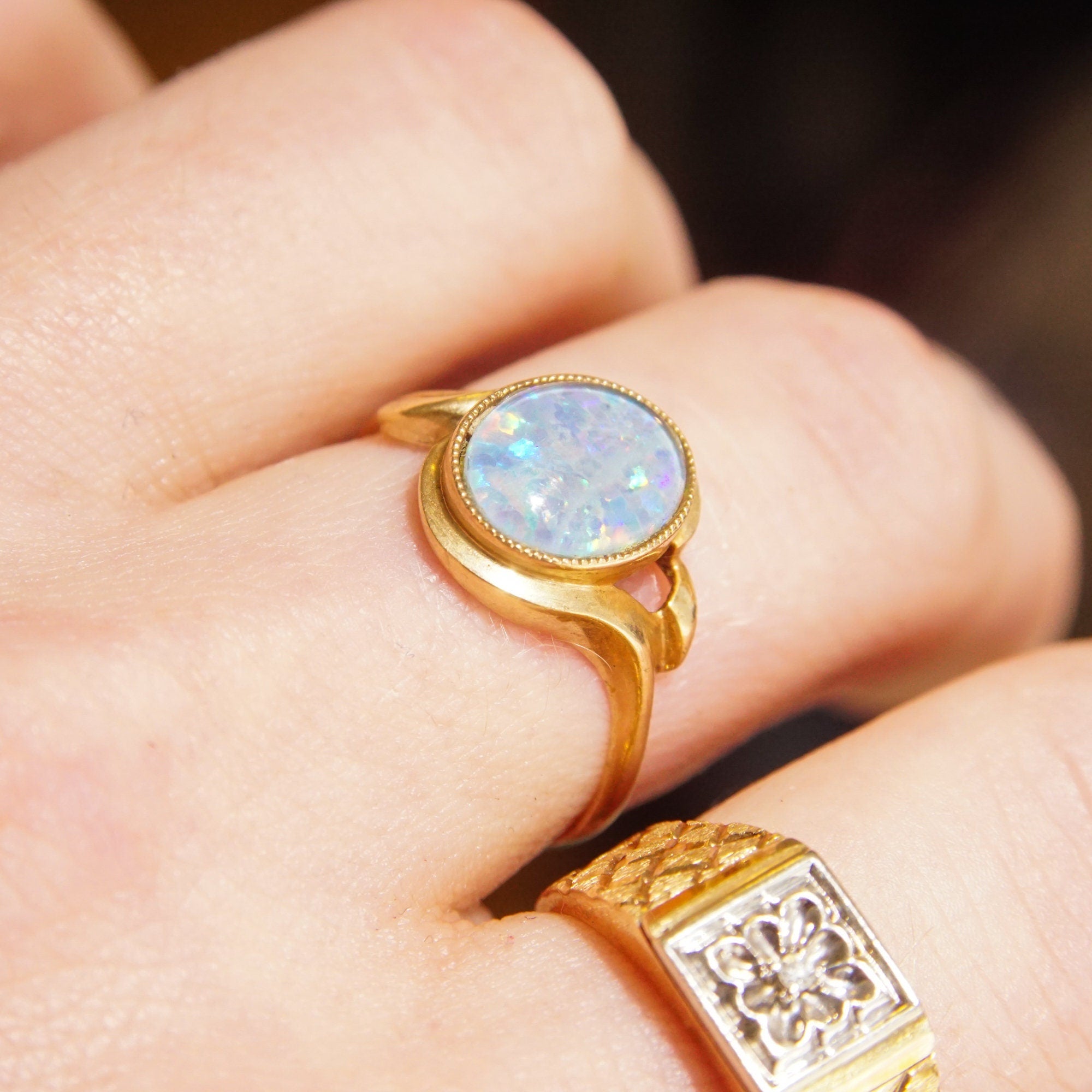 10K Opal Triplet Cocktail Ring In Yellow Gold, Estate Jewelry, October Birthstone, Size 8 1/4 US