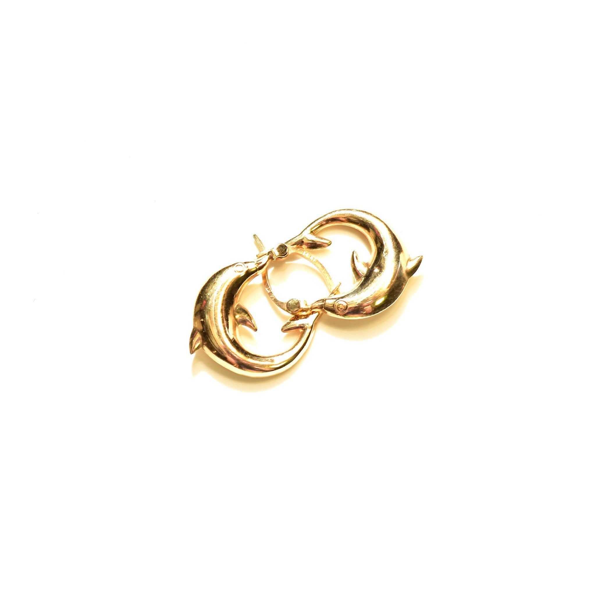 14K yellow gold dolphin hoop earrings, small oval hoops with cute mini dolphin design, 21mm in size