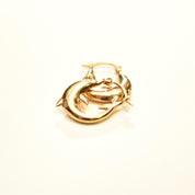 14K yellow gold dolphin hoop earrings, small oval hoops with interlocked dolphin design, approximately 21mm in size, on white background