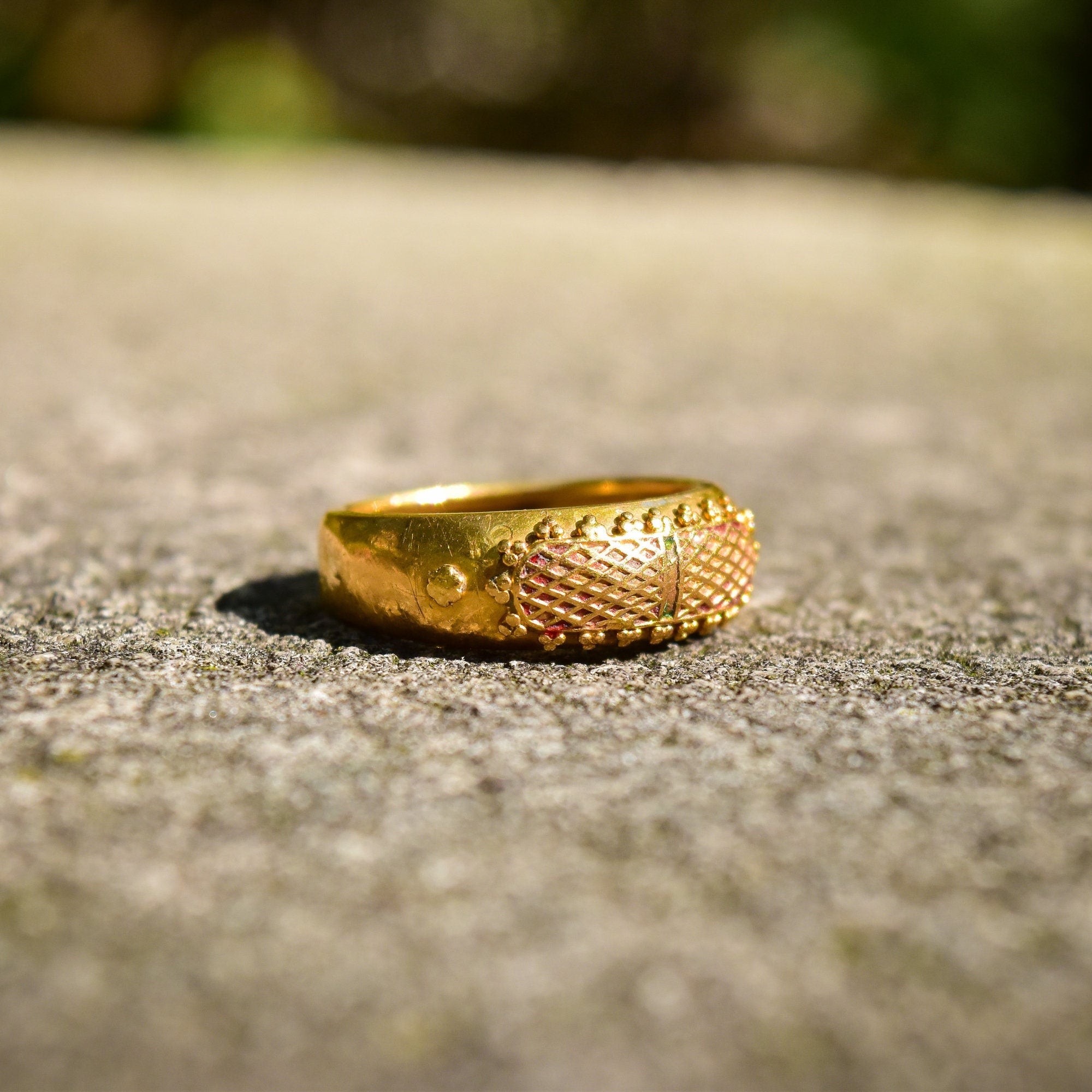 Etruscan-Style 22K Yellow Gold Ring, Previously Enameled, Raised Details, Stacking Ring, Estate Jewelry, Size 6 US