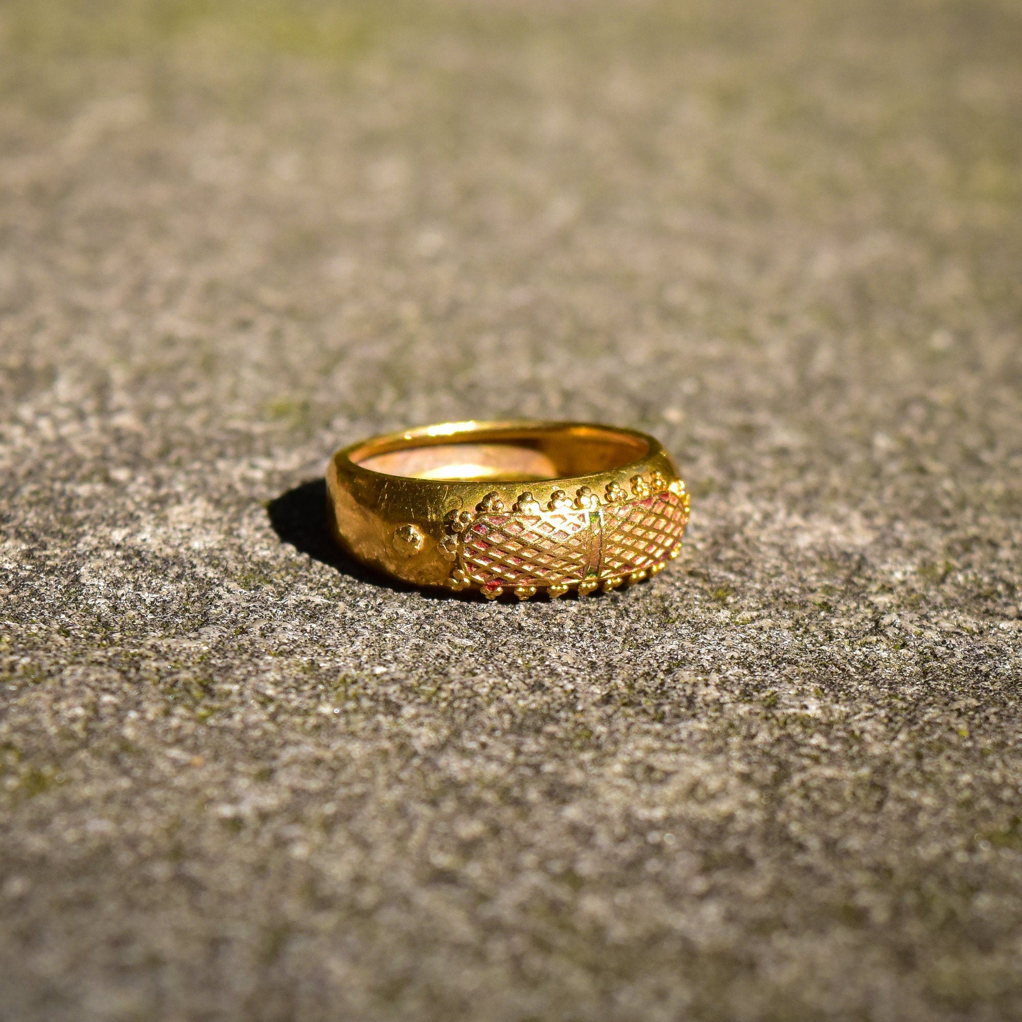Etruscan-Style 22K Yellow Gold Ring, Previously Enameled, Raised Details, Stacking Ring, Estate Jewelry, Size 6 US
