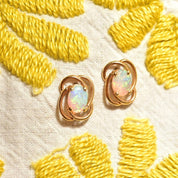 Cute 10K Opal Stud Earrings, Yellow Gold Spiral Trim, Natural Opal Cabochon, Estate Jewelry, 11mm