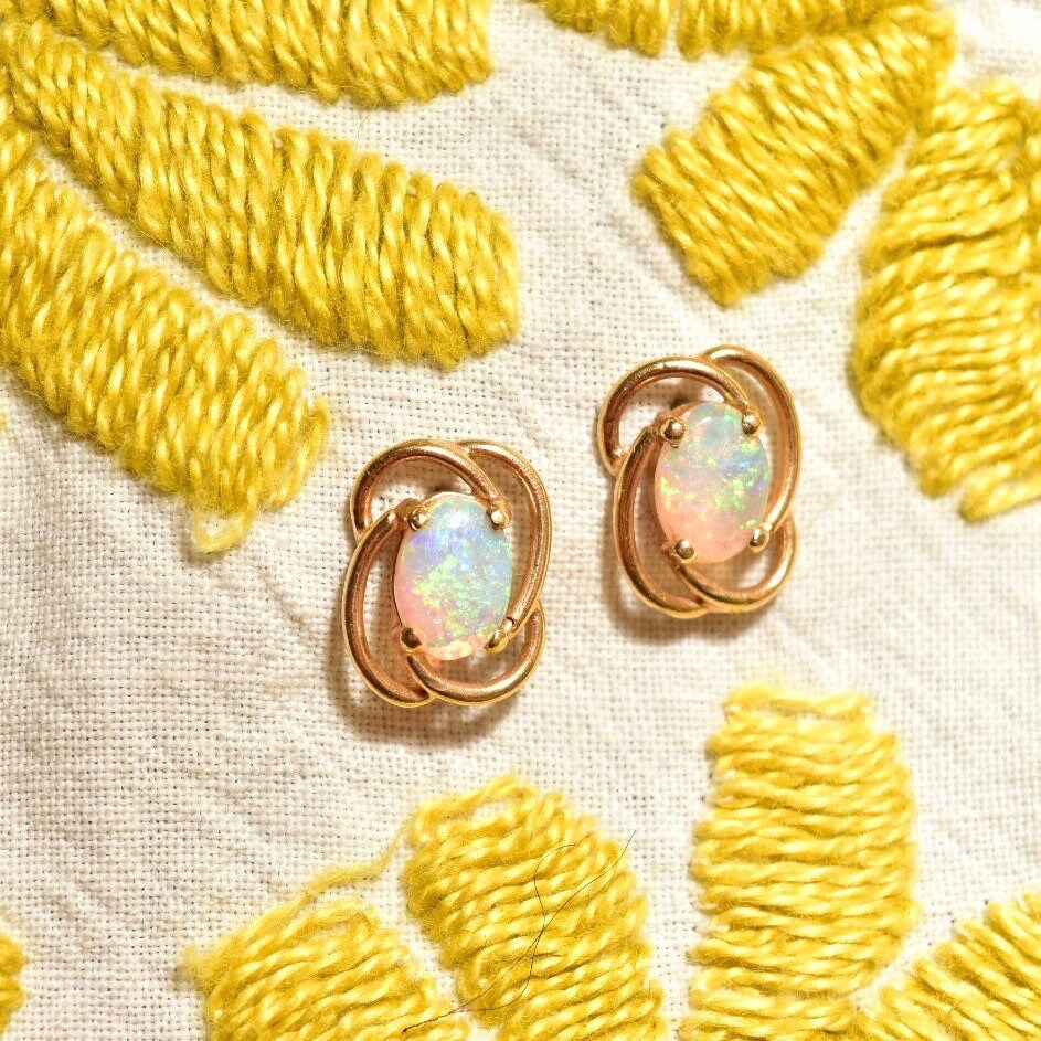 Cute 10K Opal Stud Earrings, Yellow Gold Spiral Trim, Natural Opal Cabochon, Estate Jewelry, 11mm