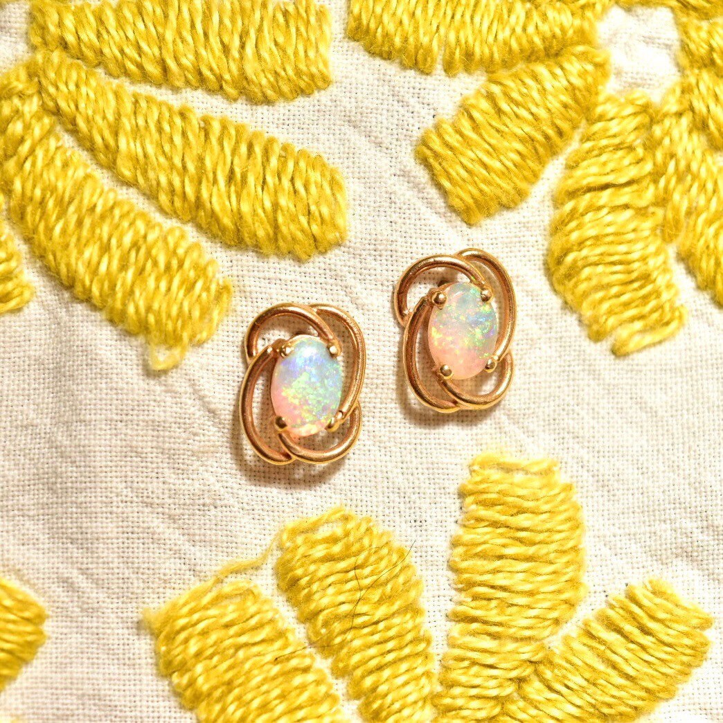 Cute 10K Opal Stud Earrings, Yellow Gold Spiral Trim, Natural Opal Cabochon, Estate Jewelry, 11mm