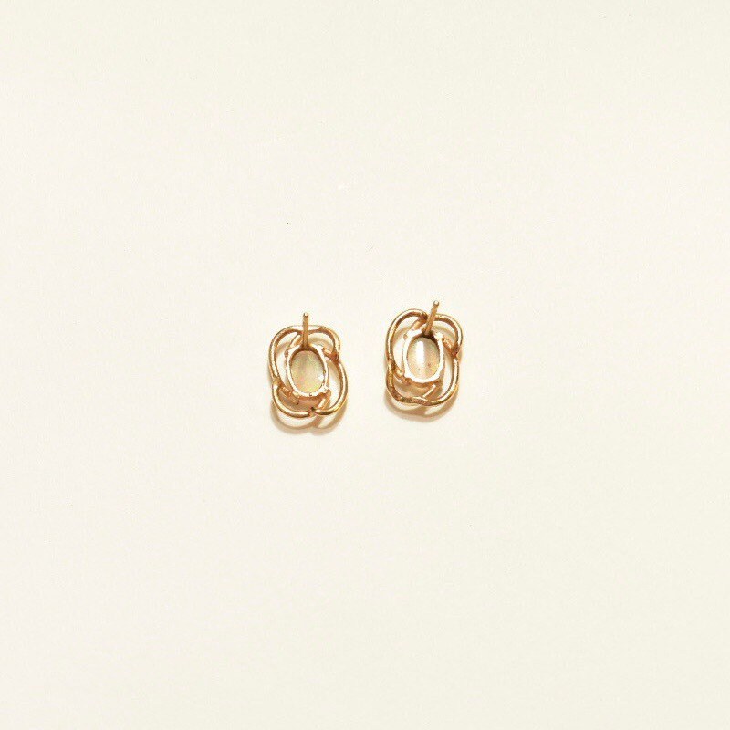 Cute 10K Opal Stud Earrings, Yellow Gold Spiral Trim, Natural Opal Cabochon, Estate Jewelry, 11mm