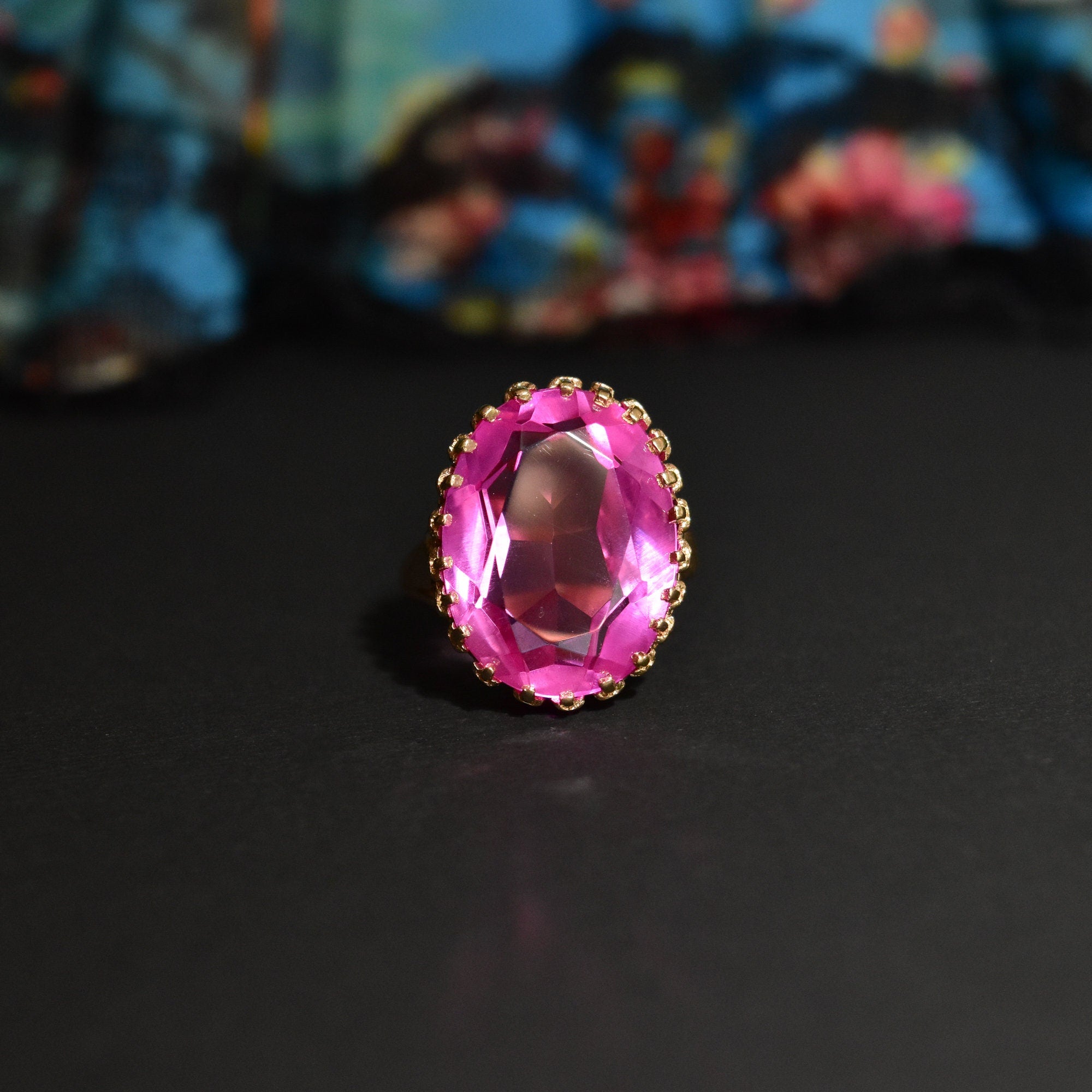 Estate 10K Pink Topaz Cocktail Ring In Yellow Gold, Large Ornate Crown Bezel Setting, Vintage Jewelry, Size 7 US
