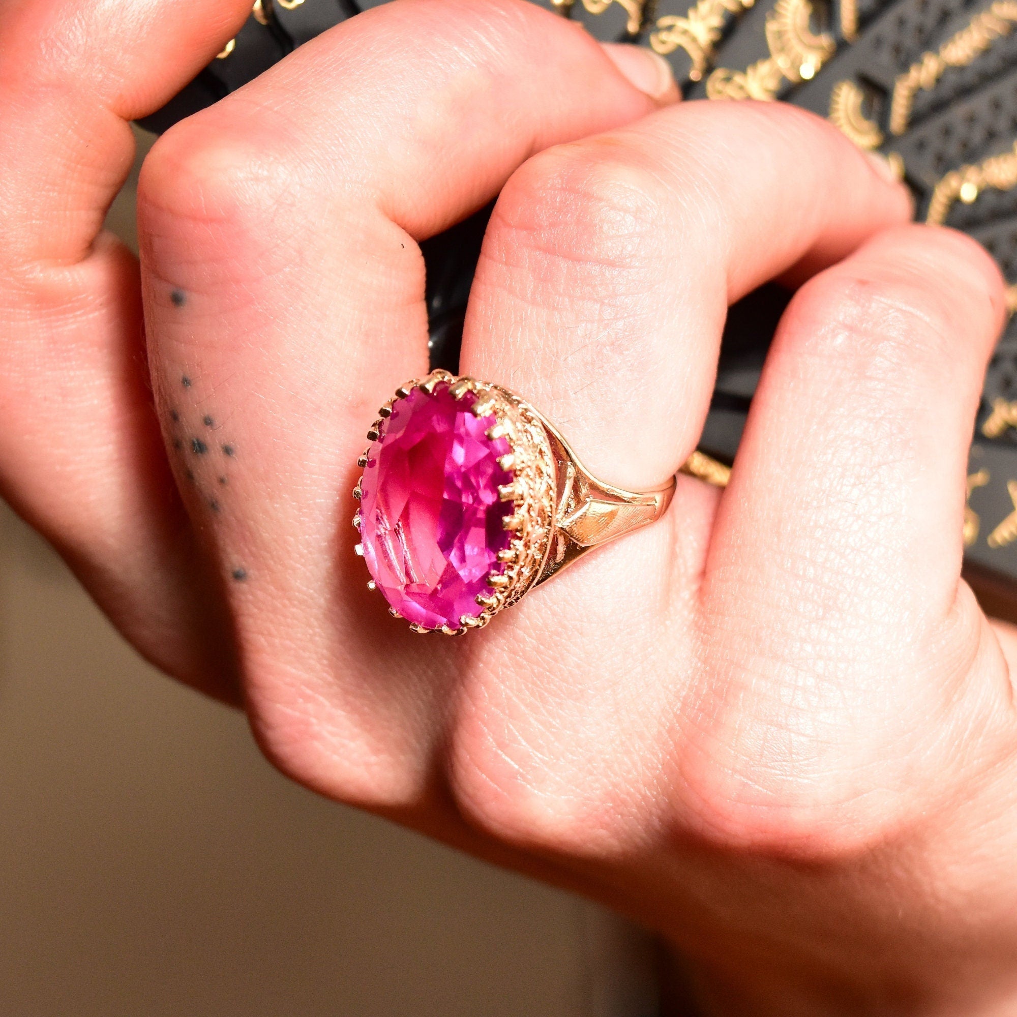 Estate 10K Pink Topaz Cocktail Ring In Yellow Gold, Large Ornate Crown Bezel Setting, Vintage Jewelry, Size 7 US