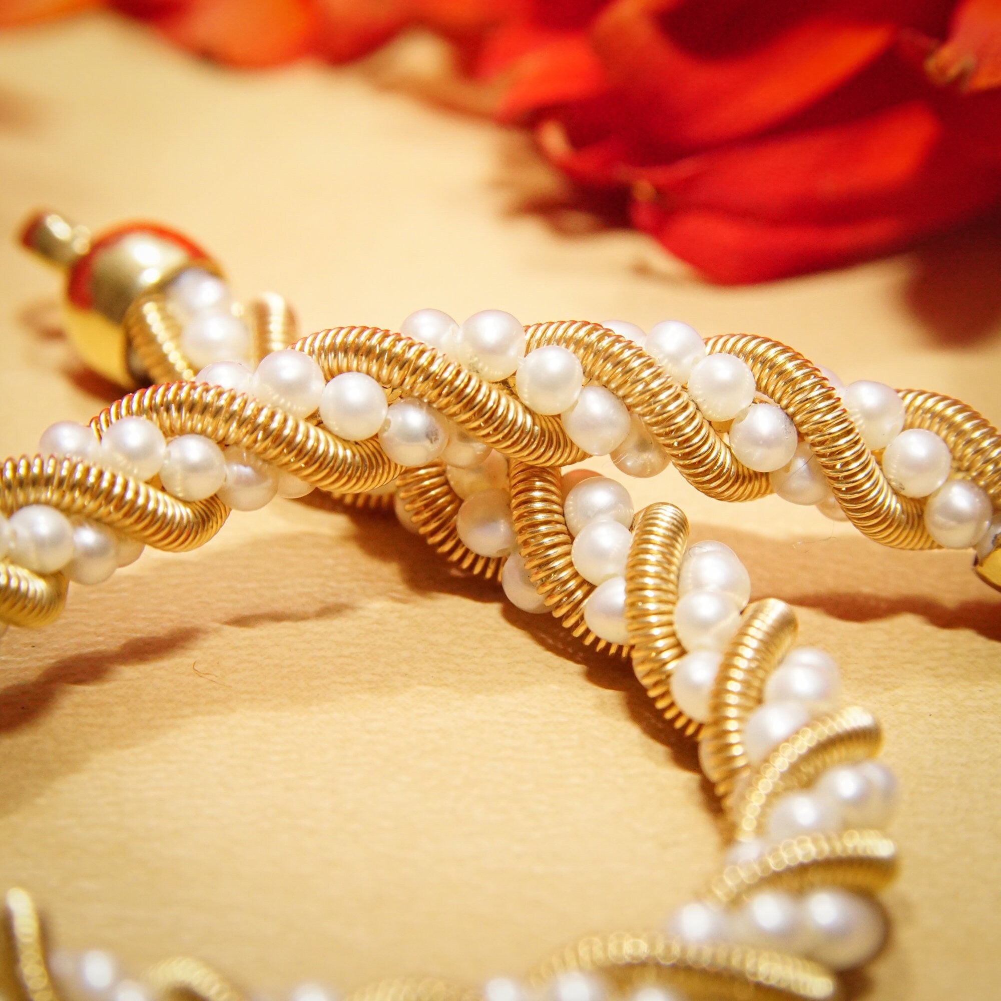 14K Seed Pearl Twisted Rope Chain Bracelet, Yellow Gold Coil & Pearl Link Bracelet, Tiffany Style Jewelry, 7 1/2" L