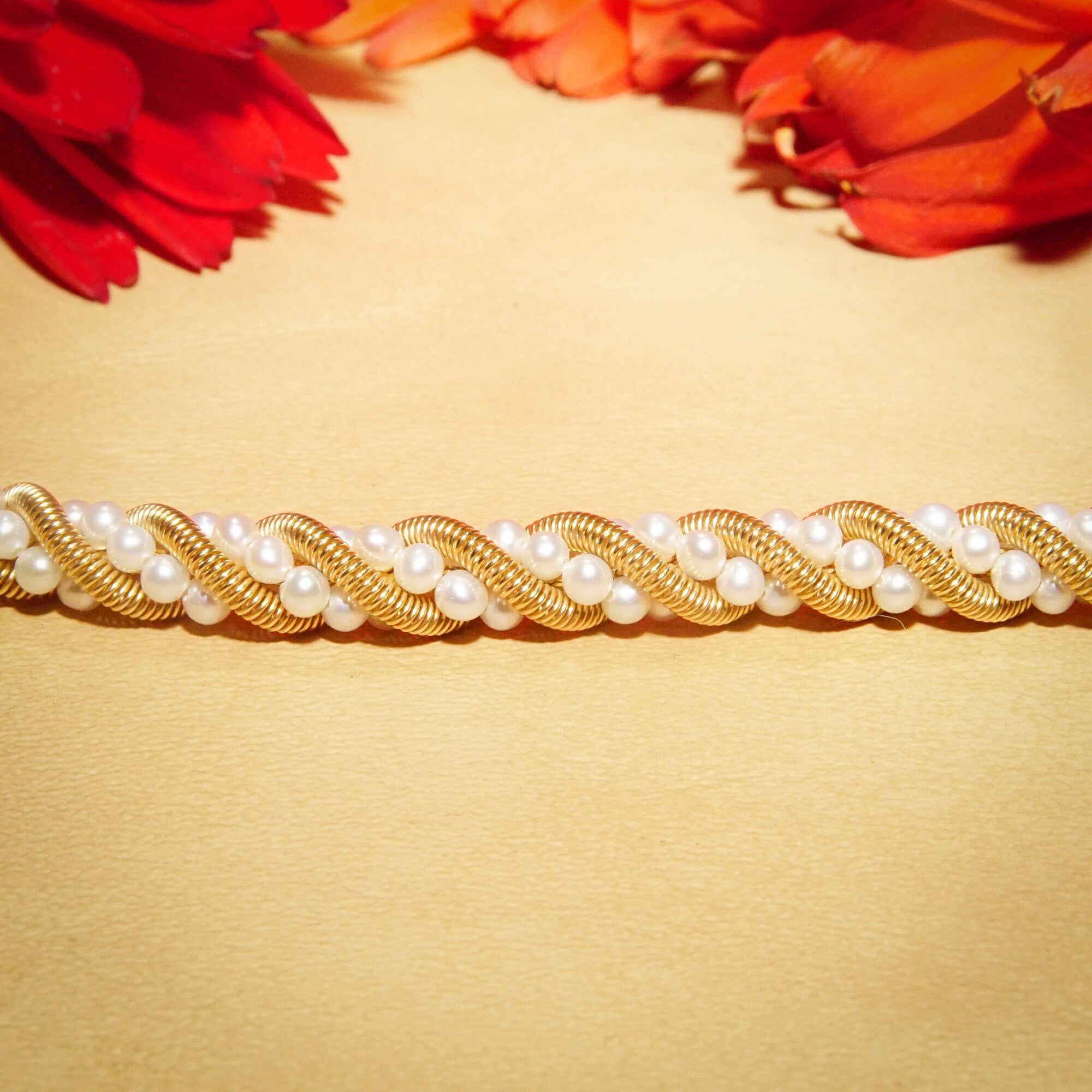 14K Seed Pearl Twisted Rope Chain Bracelet, Yellow Gold Coil & Pearl Link Bracelet, Tiffany Style Jewelry, 7 1/2" L