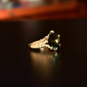 Brutalist 14K Green Topaz Cocktail Ring, Textured Organic Yellow Claw Setting, Estate Jewelry, Size 5 US