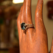 Brutalist 14K Green Topaz Cocktail Ring, Textured Organic Yellow Claw Setting, Estate Jewelry, Size 5 US