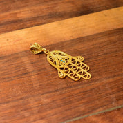 22KT Filigree Hamsa Hand Amulet, Blue Turquoise Accent, Yellow Gold Openwork Pendant, Evil Eye Talisman, 1 7/8" L