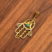 22KT Filigree Hamsa Hand Amulet, Blue Turquoise Accent, Yellow Gold Openwork Pendant, Evil Eye Talisman, 1 7/8" L