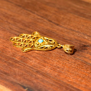 22KT Filigree Hamsa Hand Amulet, Blue Turquoise Accent, Yellow Gold Openwork Pendant, Evil Eye Talisman, 1 7/8" L