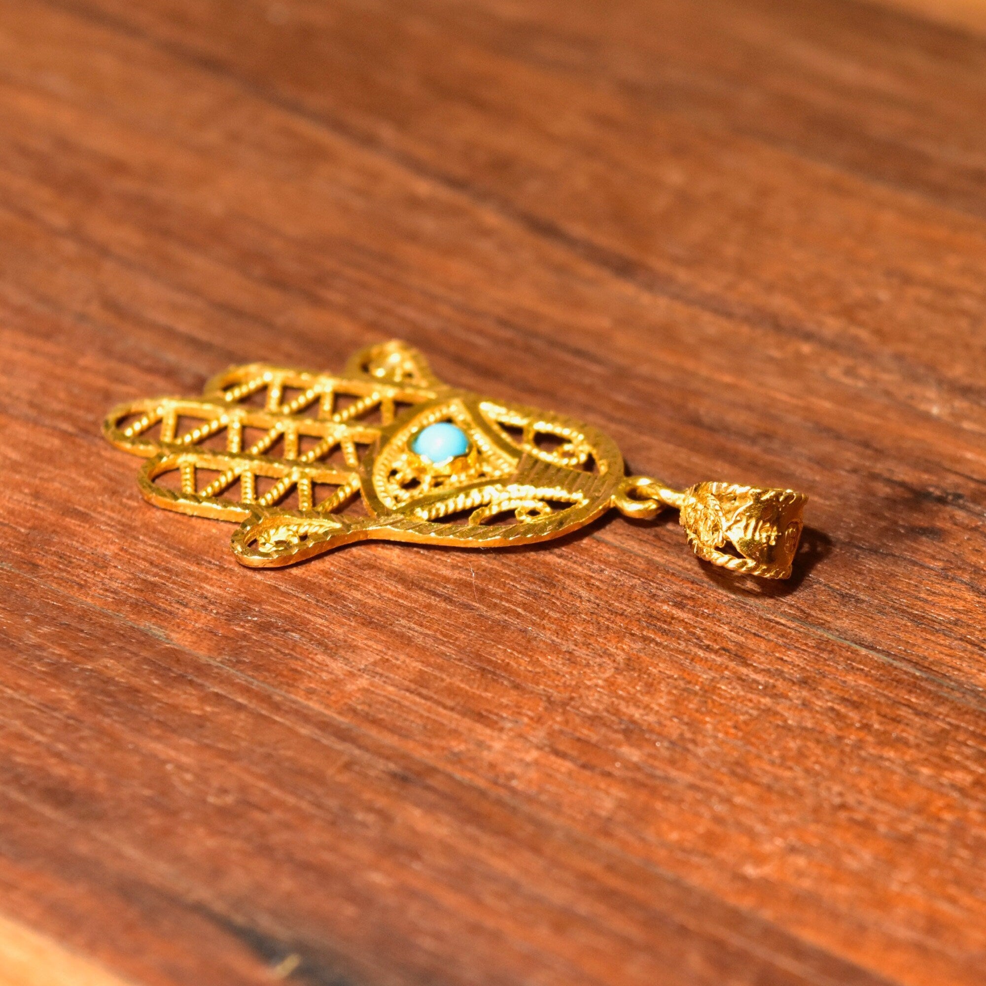 22KT Filigree Hamsa Hand Amulet, Blue Turquoise Accent, Yellow Gold Openwork Pendant, Evil Eye Talisman, 1 7/8" L