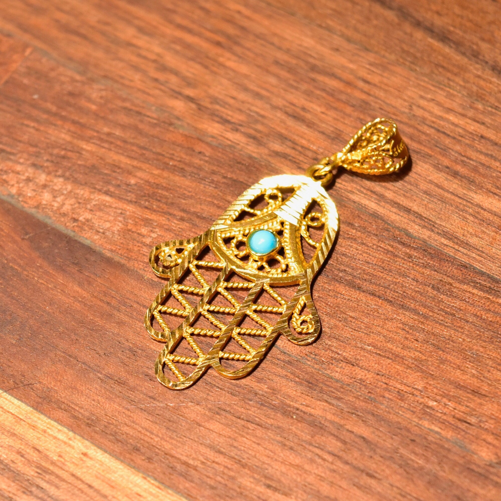 22KT Filigree Hamsa Hand Amulet, Blue Turquoise Accent, Yellow Gold Openwork Pendant, Evil Eye Talisman, 1 7/8" L