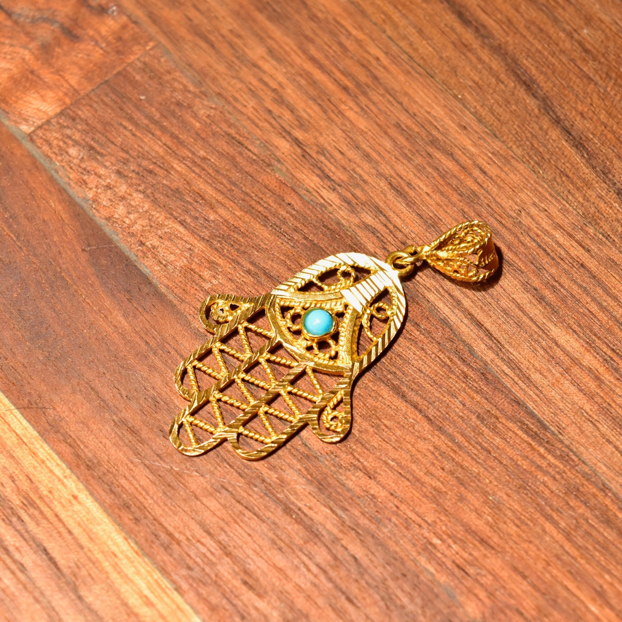 22KT Filigree Hamsa Hand Amulet, Blue Turquoise Accent, Yellow Gold Openwork Pendant, Evil Eye Talisman, 1 7/8" L