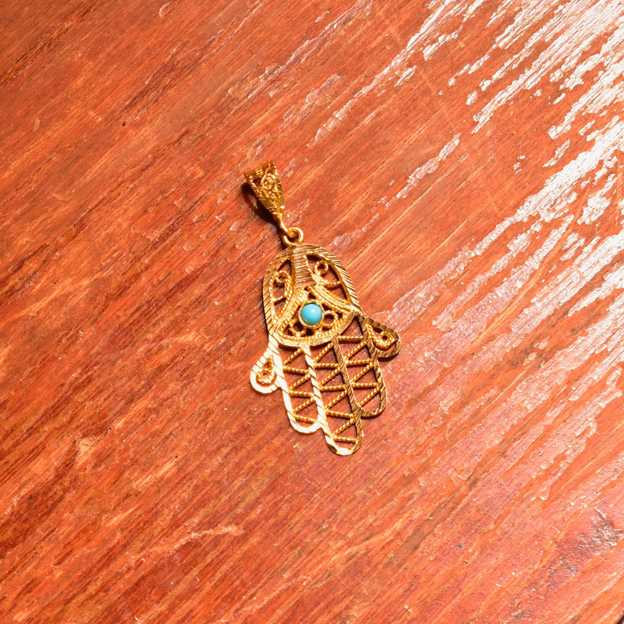 22KT Filigree Hamsa Hand Amulet, Blue Turquoise Accent, Yellow Gold Openwork Pendant, Evil Eye Talisman, 1 7/8" L