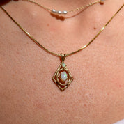 10K Opal Pendant In Yellow Gold, Bamboo Motif, White Opal Cabochons, 2-Stone Pendant, Estate Jewelry, 26mm