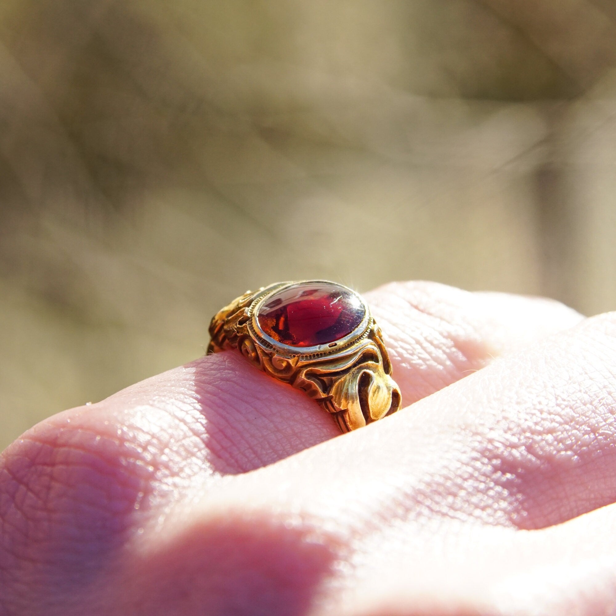 Art Nouveau Citrine Ring In 14k Yellow Gold, Gold Leaf Motifs, Amber Citrine Signet Ring, Estate Jewelry, 5 1/2 US