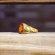 Art Nouveau Citrine Ring In 14k Yellow Gold, Gold Leaf Motifs, Amber Citrine Signet Ring, Estate Jewelry, 5 1/2 US