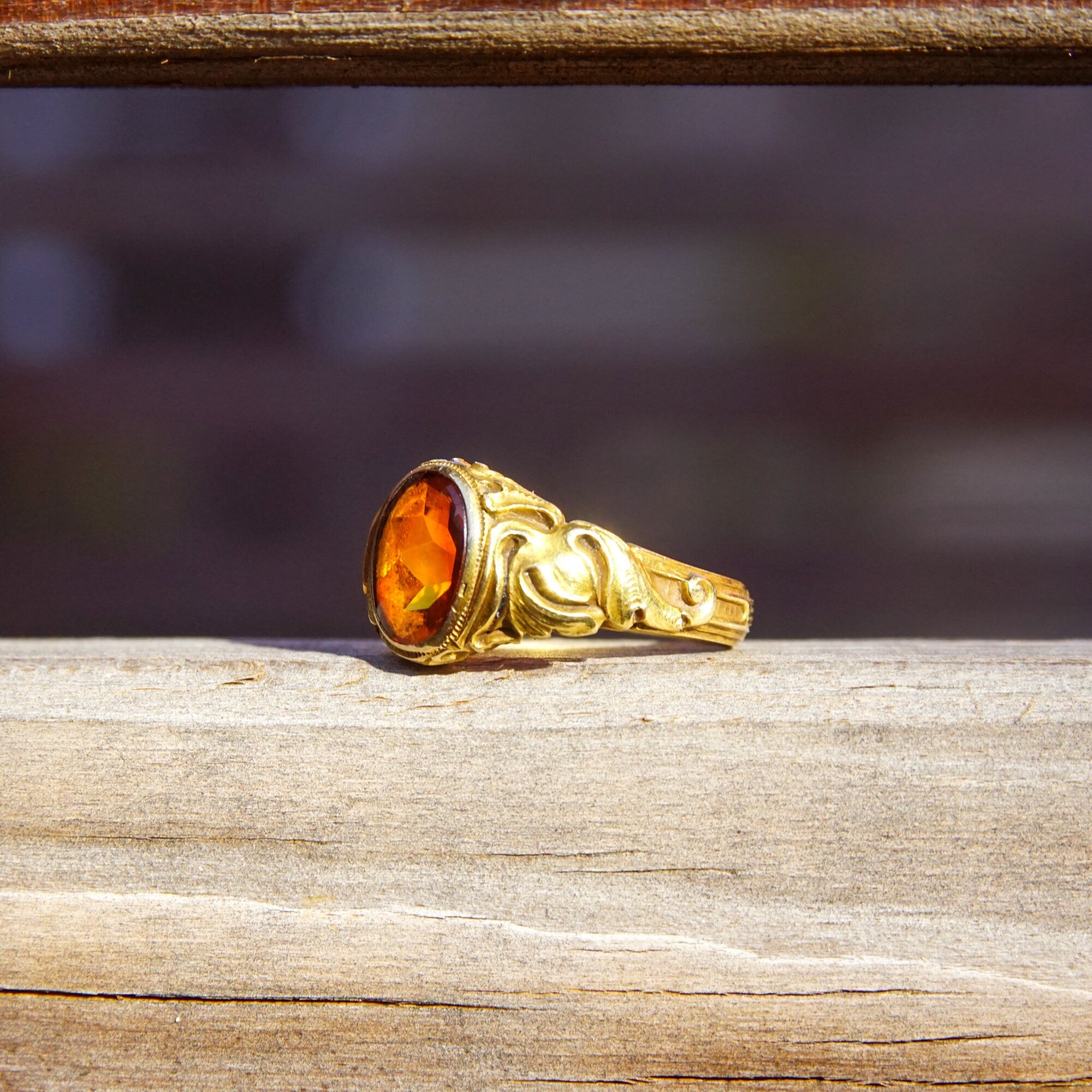 Art Nouveau Citrine Ring In 14k Yellow Gold, Gold Leaf Motifs, Amber Citrine Signet Ring, Estate Jewelry, 5 1/2 US