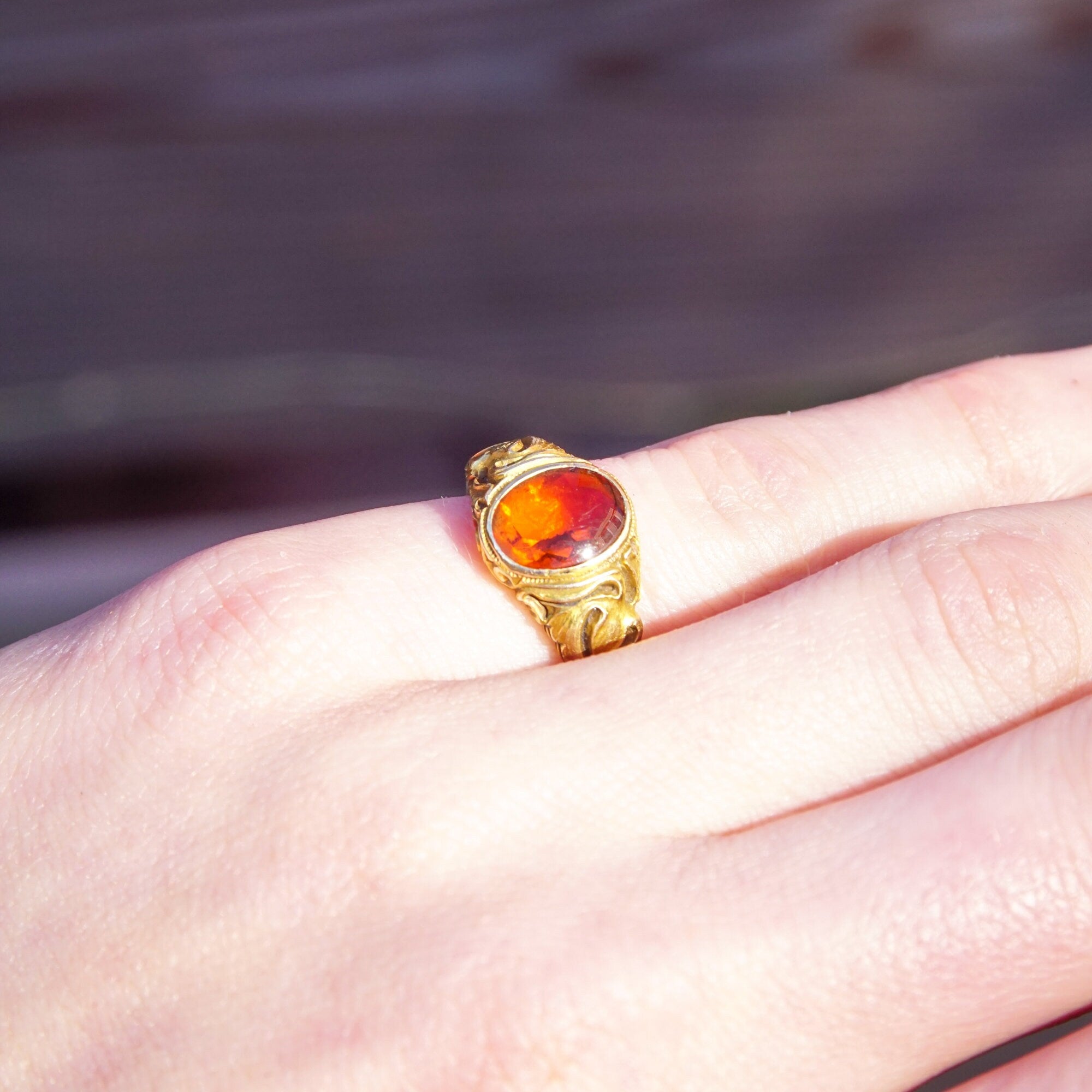 Art Nouveau Citrine Ring In 14k Yellow Gold, Gold Leaf Motifs, Amber Citrine Signet Ring, Estate Jewelry, 5 1/2 US