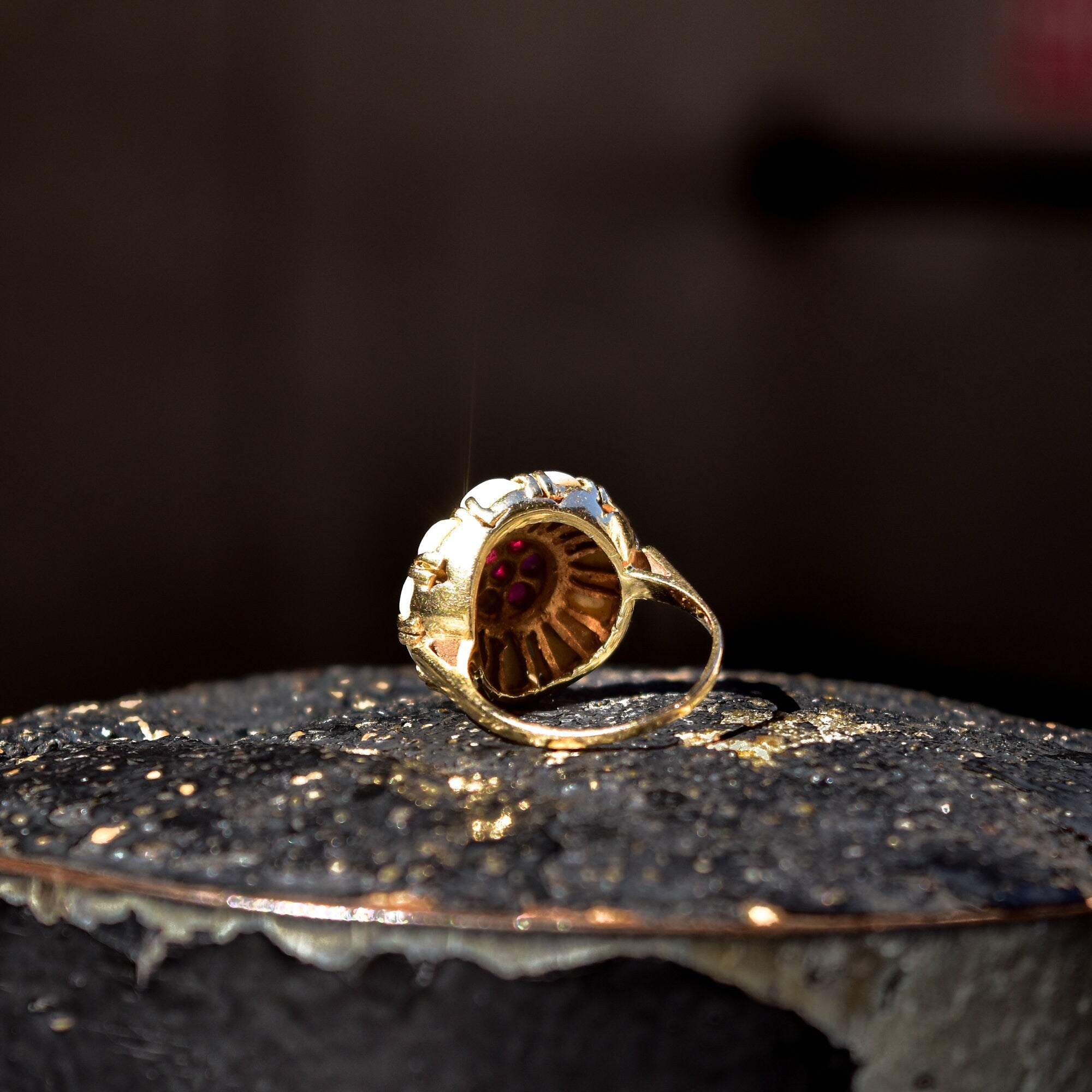 14K Pink Ruby Pearl Cluster Ring In Yellow Gold, Flower Dome Bombe Ring, Estate Jewelry, Size 9 US