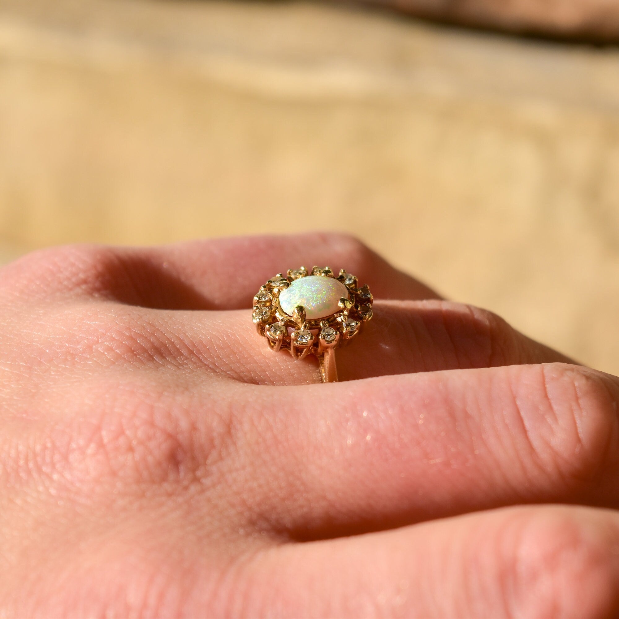 Estate 10K White Opal Diamond Halo Engagement Ring, Yellow Gold Cocktail Ring, October Birthstone, Size 7 US