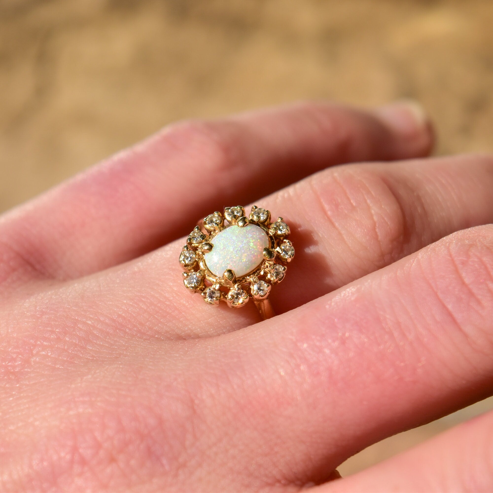 Estate 10K White Opal Diamond Halo Engagement Ring, Yellow Gold Cocktail Ring, October Birthstone, Size 7 US