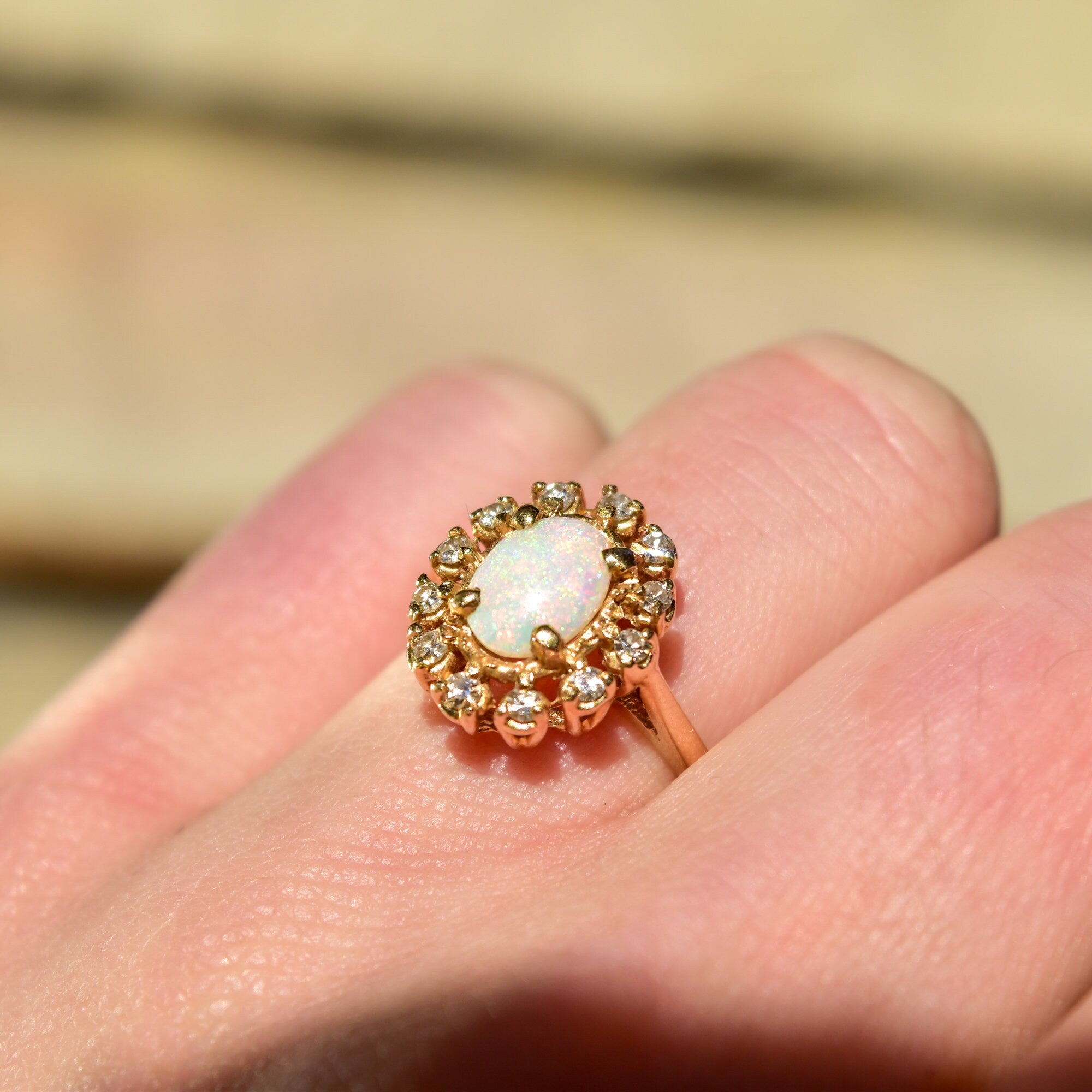 Estate 10K White Opal Diamond Halo Engagement Ring, Yellow Gold Cocktail Ring, October Birthstone, Size 7 US