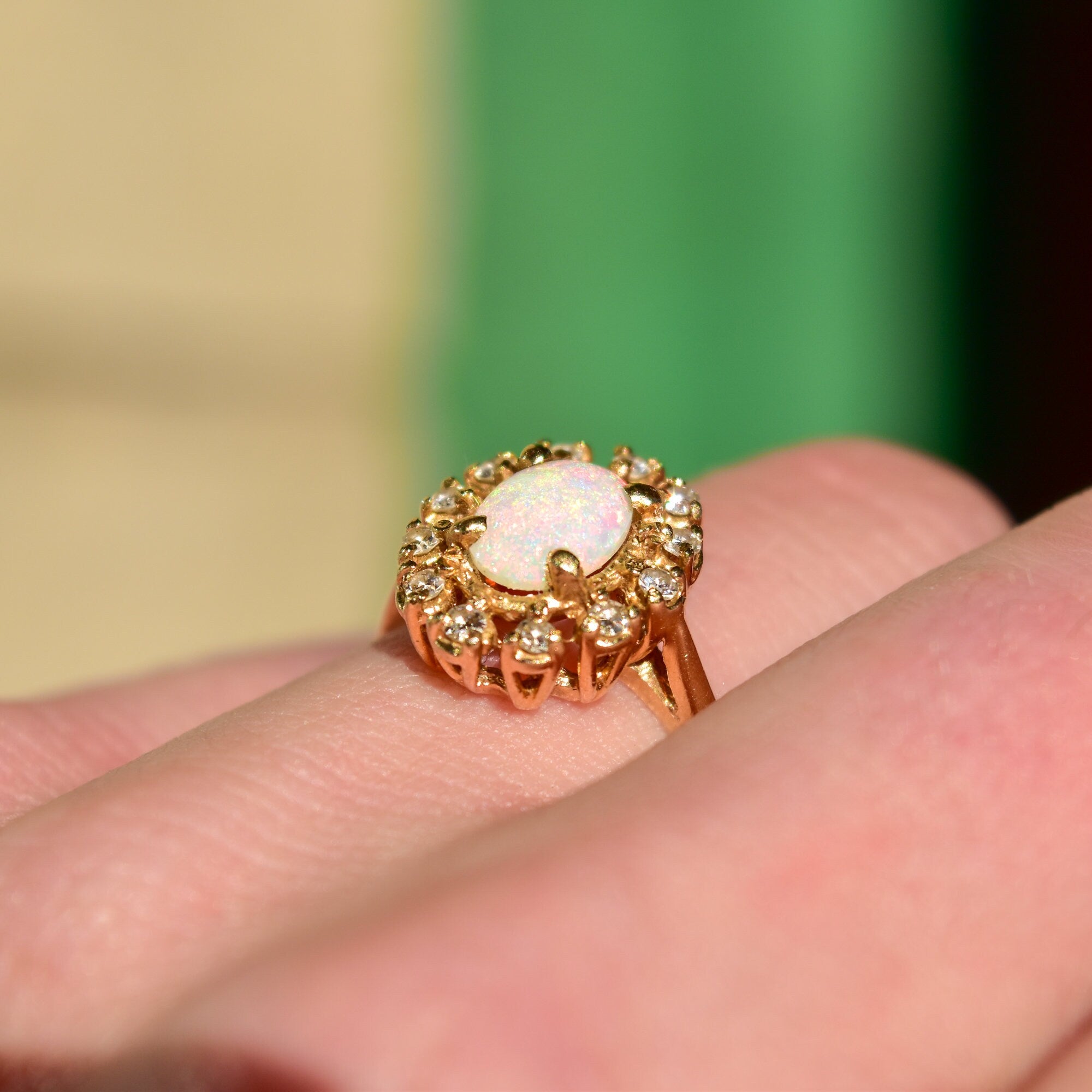 Estate 10K White Opal Diamond Halo Engagement Ring, Yellow Gold Cocktail Ring, October Birthstone, Size 7 US