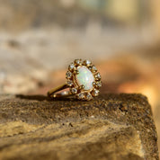 Estate 10K White Opal Diamond Halo Engagement Ring, Yellow Gold Cocktail Ring, October Birthstone, Size 7 US