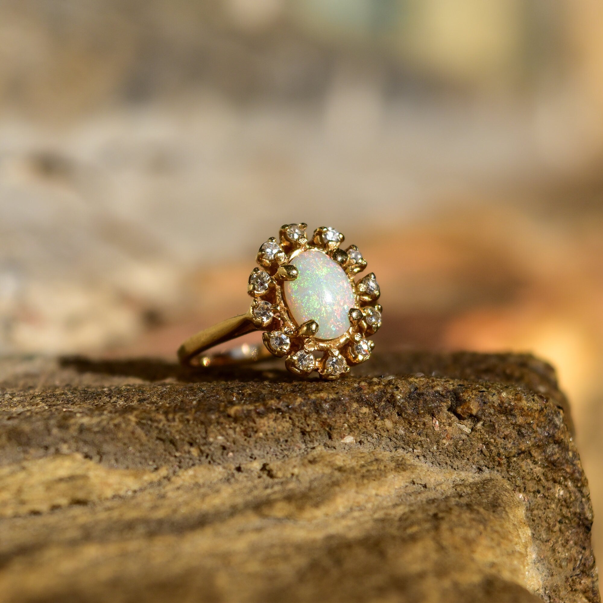 Estate 10K White Opal Diamond Halo Engagement Ring, Yellow Gold Cocktail Ring, October Birthstone, Size 7 US