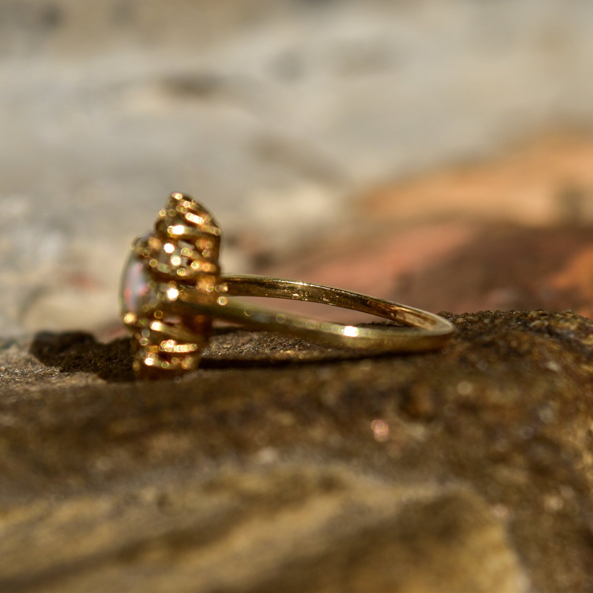 Estate 10K White Opal Diamond Halo Engagement Ring, Yellow Gold Cocktail Ring, October Birthstone, Size 7 US