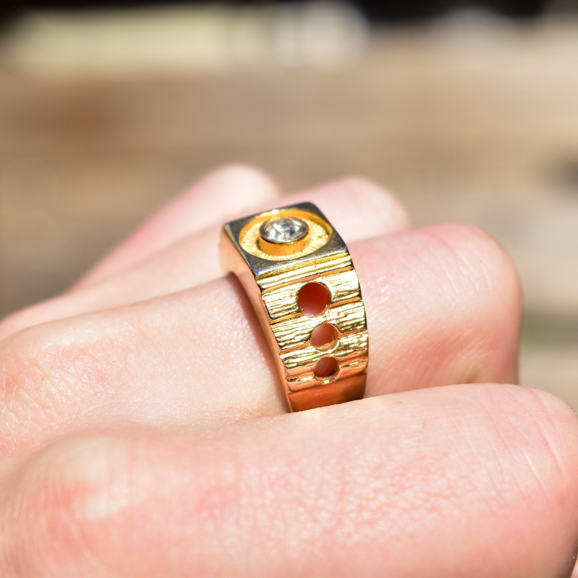 Modernist 18K H.G.E Diamond Signet Ring, Chunky Textured Yellow Gold Ring W/ Circle Cutouts, Size 9 US