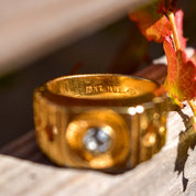 Modernist 18K H.G.E Diamond Signet Ring, Chunky Textured Yellow Gold Ring W/ Circle Cutouts, Size 9 US