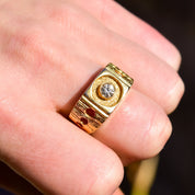 Modernist 18K H.G.E Diamond Signet Ring, Chunky Textured Yellow Gold Ring W/ Circle Cutouts, Size 9 US