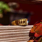 Modernist 18K H.G.E Diamond Signet Ring, Chunky Textured Yellow Gold Ring W/ Circle Cutouts, Size 9 US