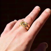 Modernist 18K H.G.E Diamond Signet Ring, Chunky Textured Yellow Gold Ring W/ Circle Cutouts, Size 9 US