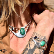 Modernist TAXCO Alicia Mexico 950 Sterling Silver Malachite Black Onyx Choker Necklace & Matching Cuff Bracelet