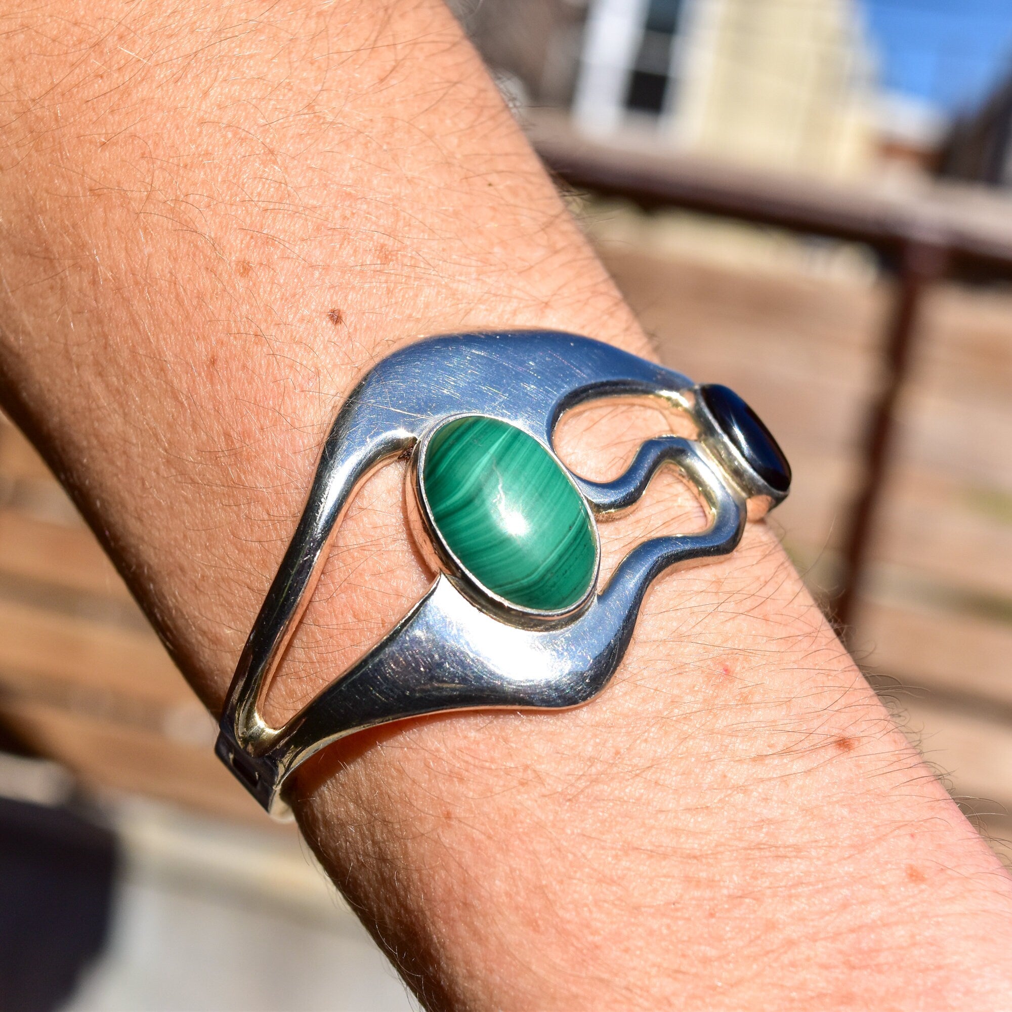 Modernist TAXCO Alicia Mexico 950 Sterling Silver Malachite Black Onyx Choker Necklace & Matching Cuff Bracelet